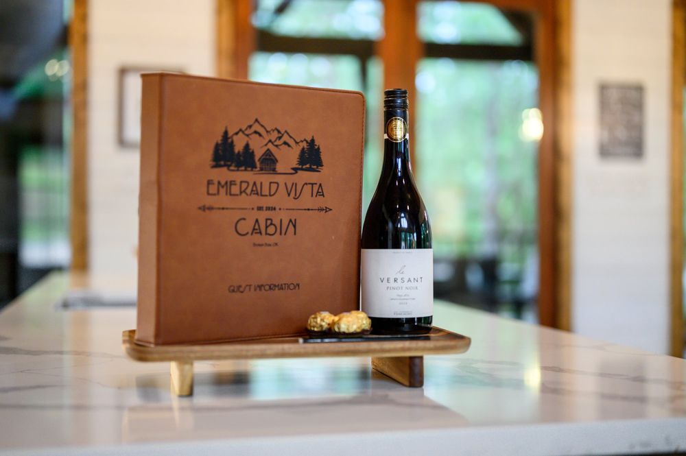 Welcome box and wine on the kitchen counter