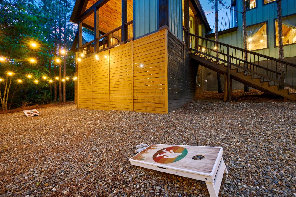 Cornhole boards in the yard
